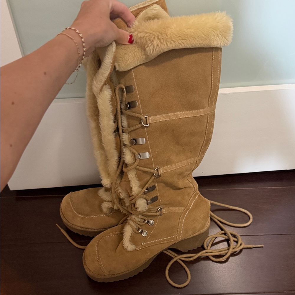 Report boots. Women's Tall Lace-Up Faux Fur Suede Winter Boots - Tan
